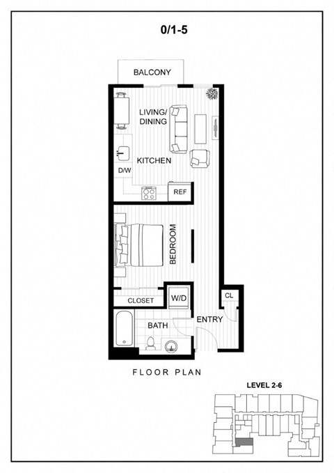 Floor plan for 1 bed, 1 bath, 540 sqft